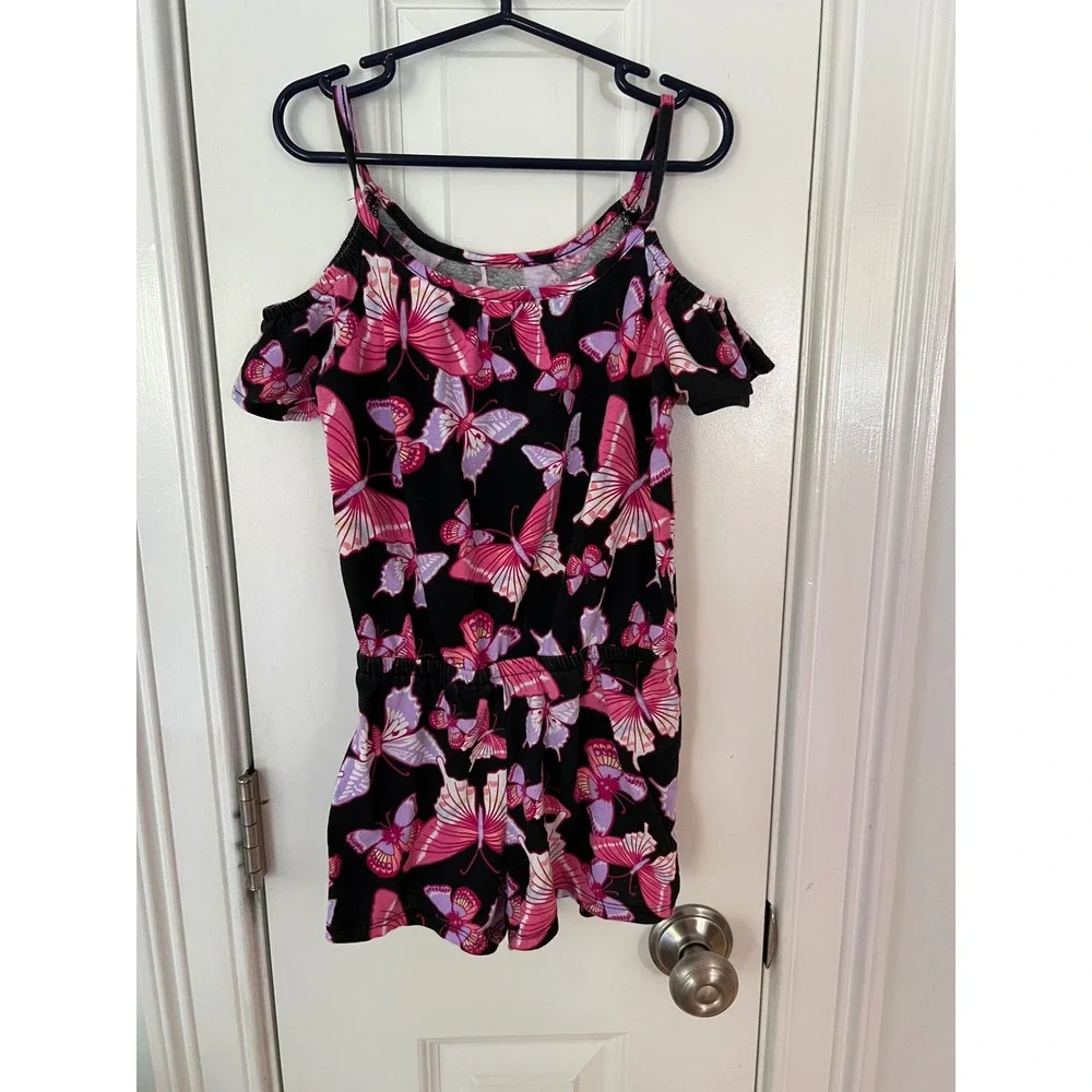 The Childrens Place Girls Butterfly Cold Shoulder Romper Black Pink Size M 7/8